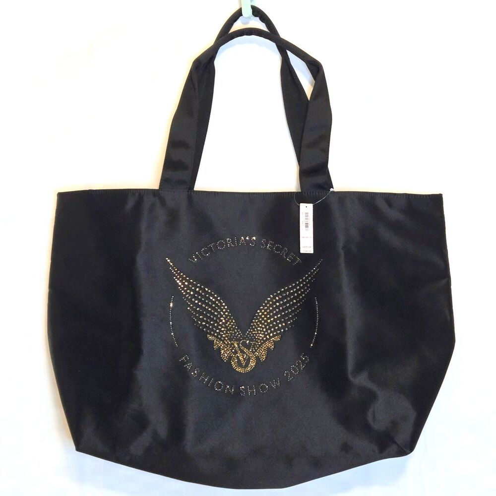 VICTORIA'S SECRET Bag Fashion Show Tote Black Shiny Satin Large 17x14in NEW NWT